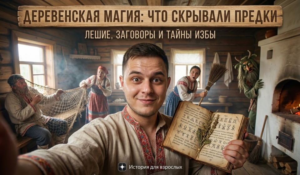Иллюстрация к теме деревенской магии, включая леших и домовых. Основные элементы фольклора.