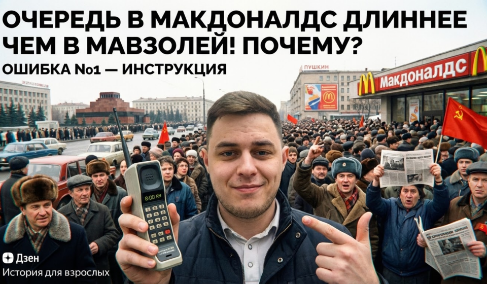 Люди стоят в очереди к первому Макдоналдсу на Пушкинской улице в Москве