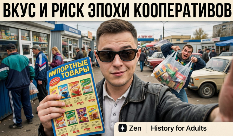 Спирт Рояль и растворимый напиток Юпи на фоне старинной упаковки, символизирующие эпоху кооперативов.