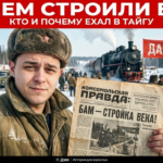 Строительство БАМа: молодые люди в тайге заняты работой на дороге.