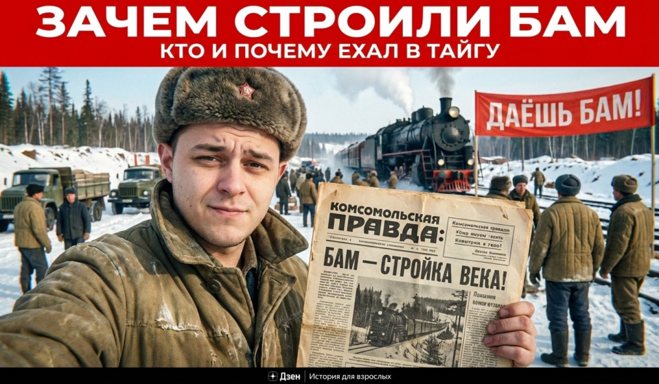Строительство БАМа: молодые люди в тайге заняты работой на дороге.