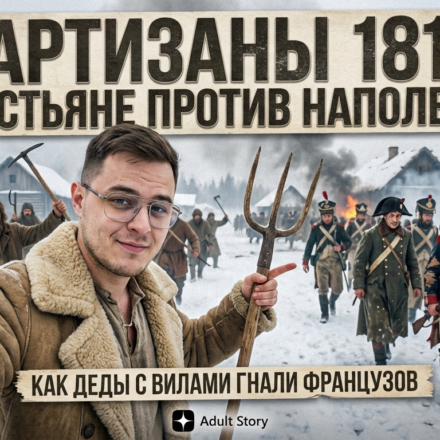 Партизаны войны 1812 года, крестьяне с вилами против Наполеона на фоне леса.