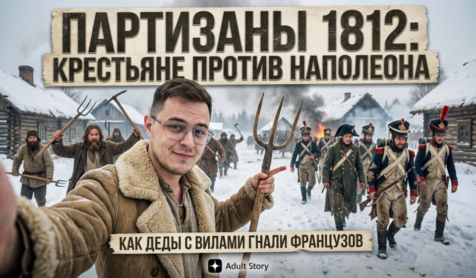 Партизаны войны 1812 года, крестьяне с вилами против Наполеона на фоне леса.